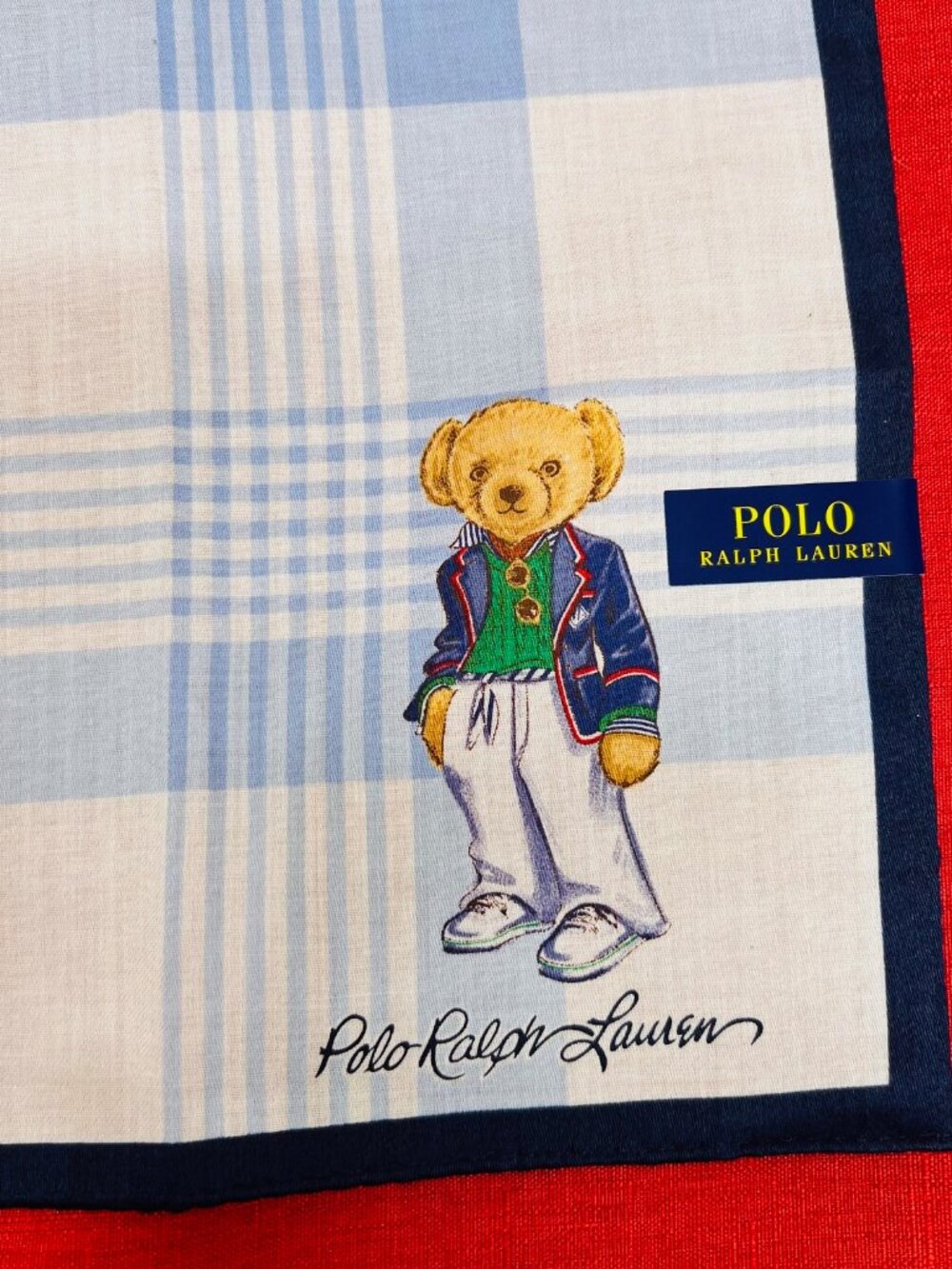 Polo Ralph Lauren Handkerchief/ Bandana 19" white blue check with Bear (82) - Picture 11 of 13
